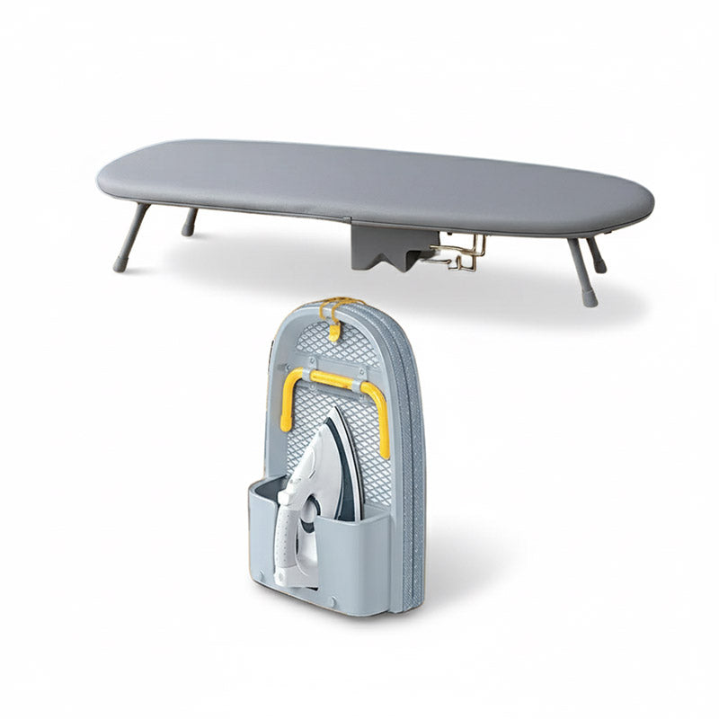 LivinH Gray Foldable ironing board with a iron on a white background