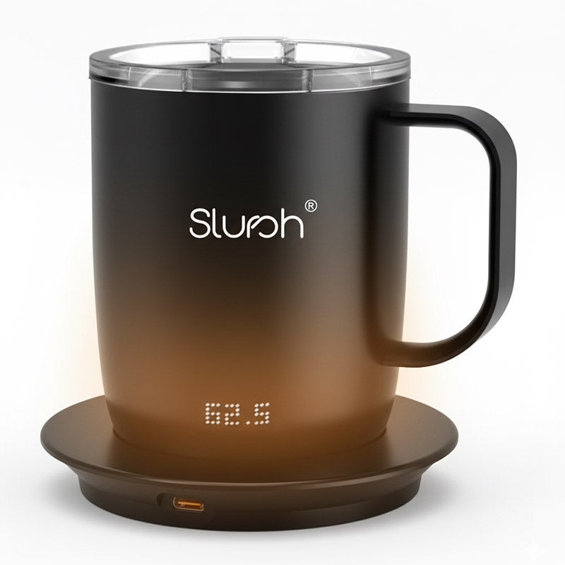 Slursh temperature control smart mug with digital display on a white background, featuring the brand 'Slursh'.