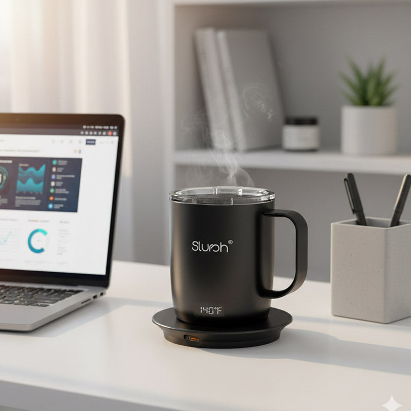 Slursh temperature control smart mug with digital display on a desk next to a laptop