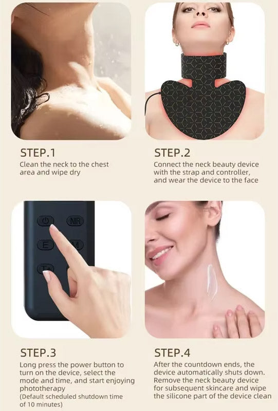 Instructions for using the Viva Glam LED neck therapy mask with steps shown on a beige background.