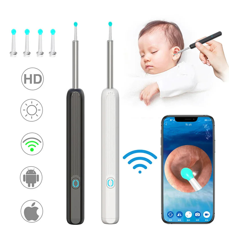 Nuwelo Clear Ear Wax Removal tool with smartphone app for ear inspection, including icons for HD, brightness, Wi-Fi, Android, and ios.