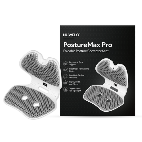 Nuwelo Posture Max Pro foldable posture corrector seat with packaging on a white background
