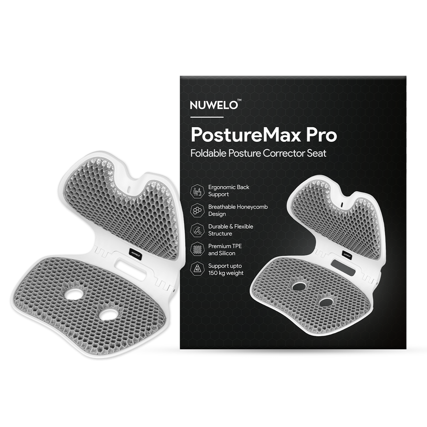 Nuwelo Posture Max Pro foldable posture corrector seat with packaging on a white background