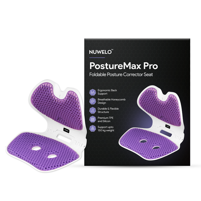 Nuwelo Posture Max Pro foldable posture corrector seat with packaging on a white background