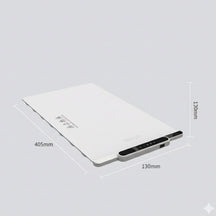 Slursh food warming tray with dimensions labeled on a grey background