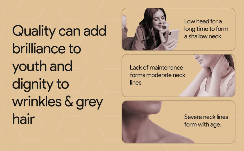 Illustration of a woman with text about neck care and aging.